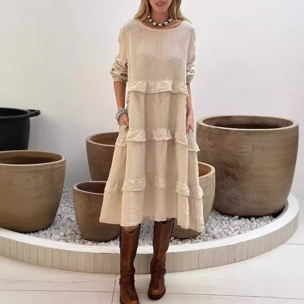 W&W Mode | Rüschengerundhalslangärmeliges Kleid