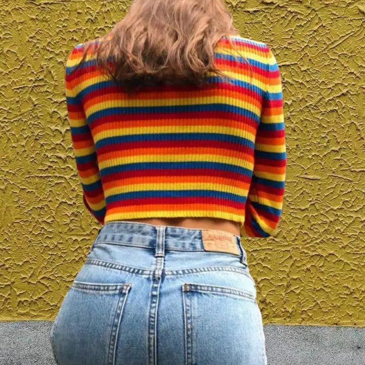Damen Stylishes Crop-Top mit Rollkragen und buntem Streifenmuster W&W Mode