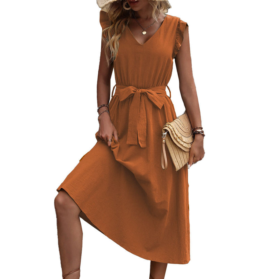 Damen Midi-Kleid mit Rüschendetails und tailliertem Bindegürtel W&W