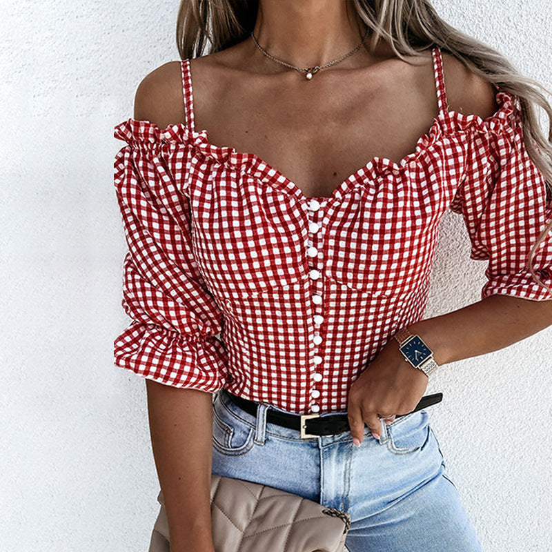 Damen Off-Shoulder Bluse mit Rüschendetails und Karomuster WW