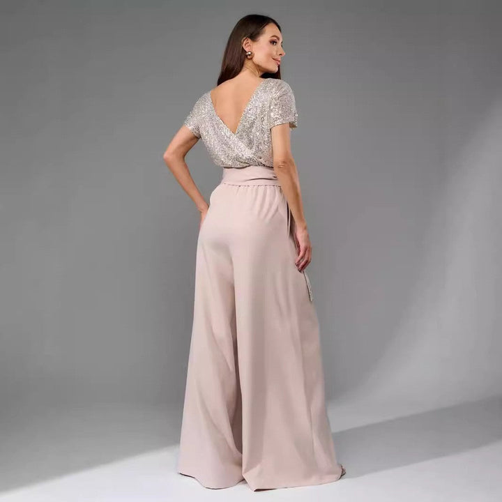 Damen Glamouröses Overalls mit glitzerndem Oberteil und weit geschnittenen Hosen W&W Mode