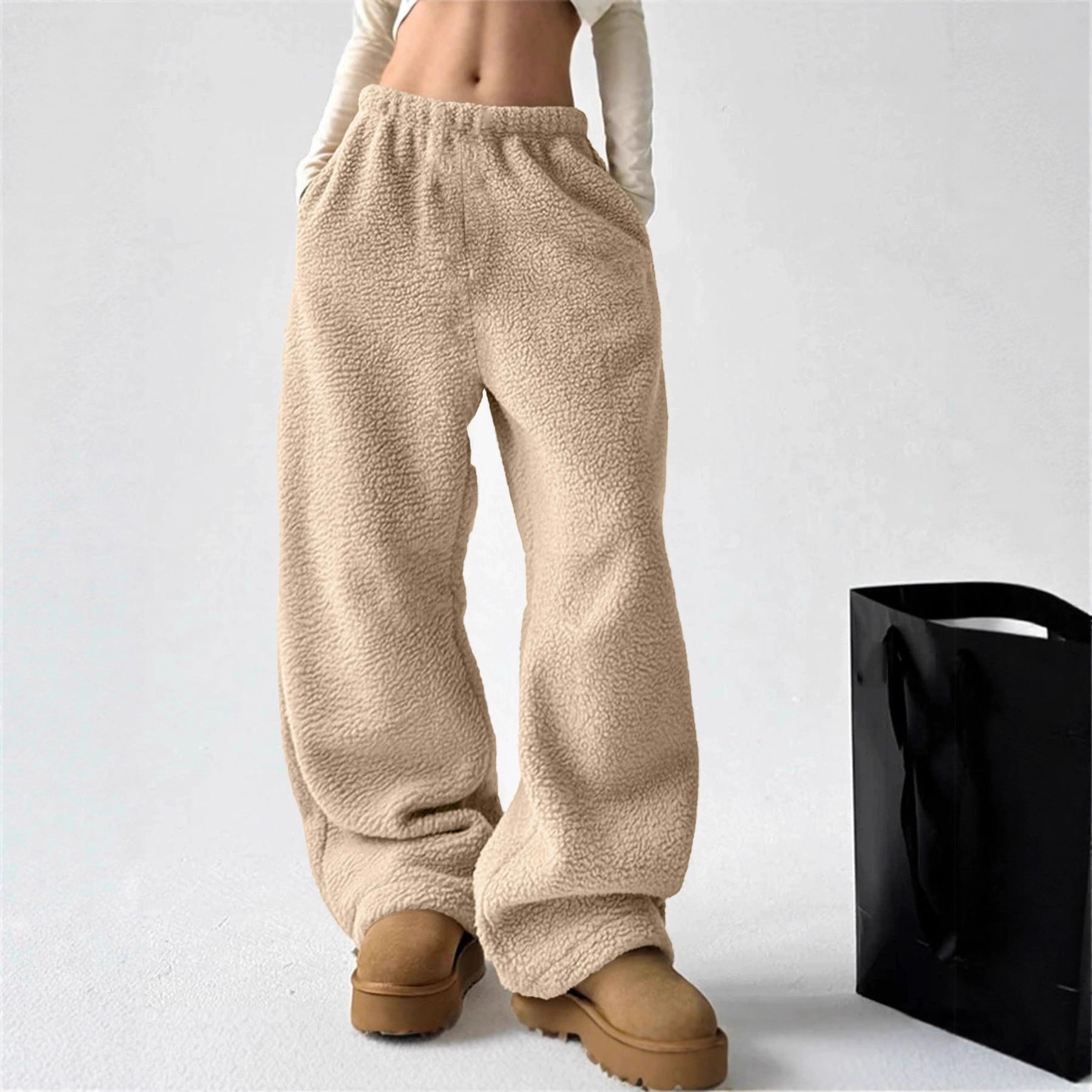 Damen bequeme Fleece-Hose mit weitem Schnitt und elastischem Bund WW