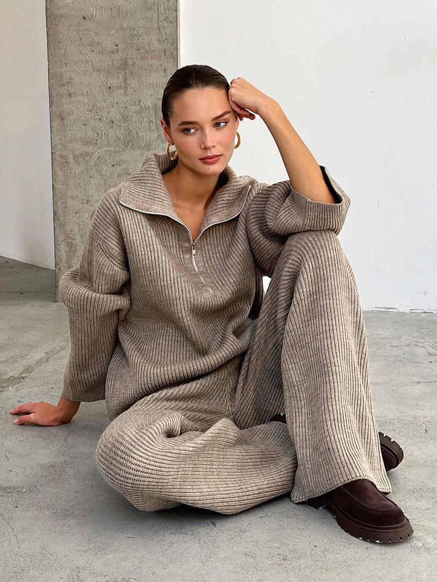 Damen Bequemes Strickensemble mit hohem Kragen und Zip-Detail WW