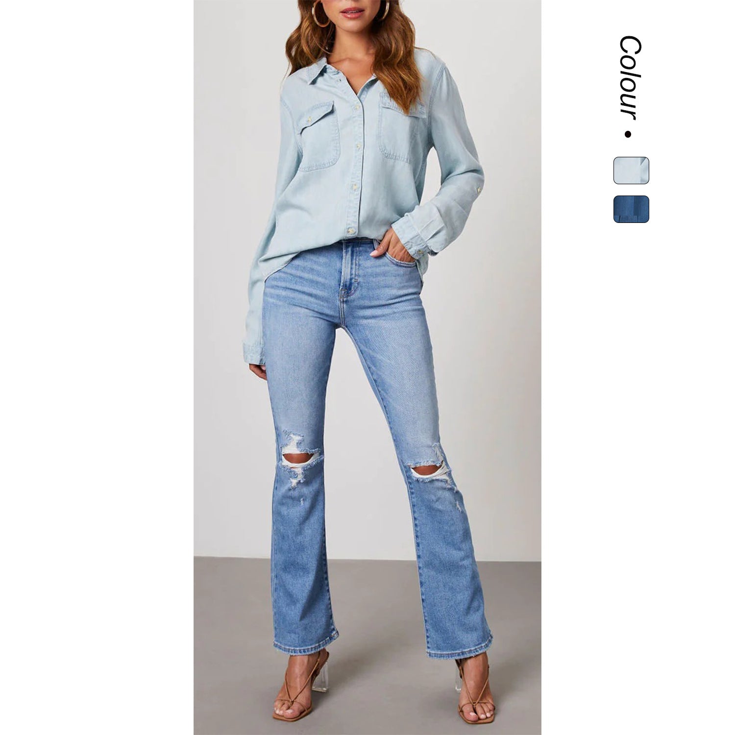 Damen Denim-Hemd mit umschlagbaren Ärmeln und zwei Brusttaschen WW