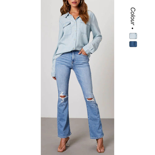 Damen Denim-Hemd mit umschlagbaren Ärmeln und zwei Brusttaschen WW