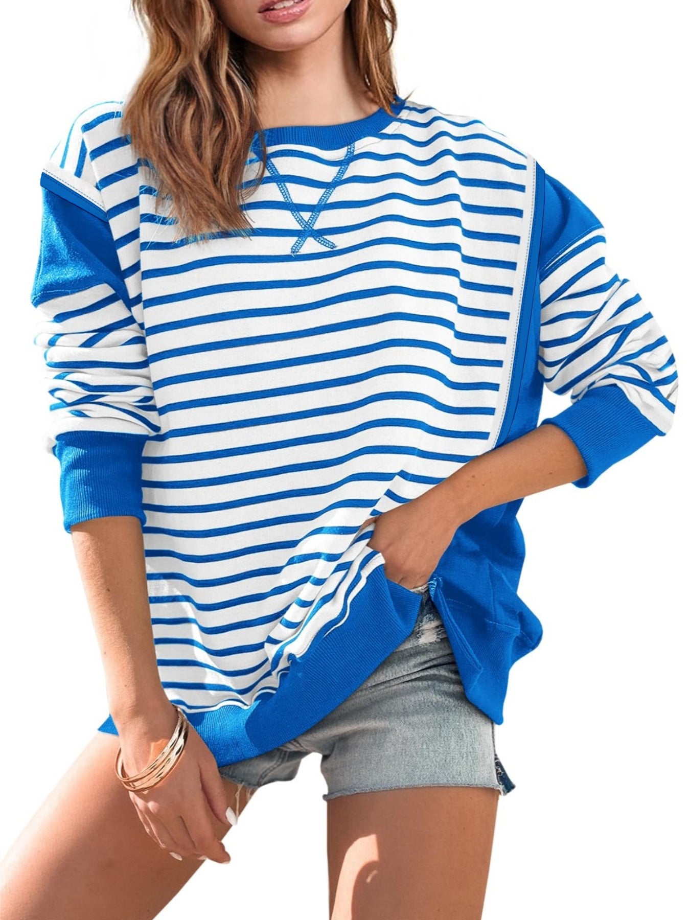 Damen gestreifter Sweatshirt mit übergroßem Schnitt WW