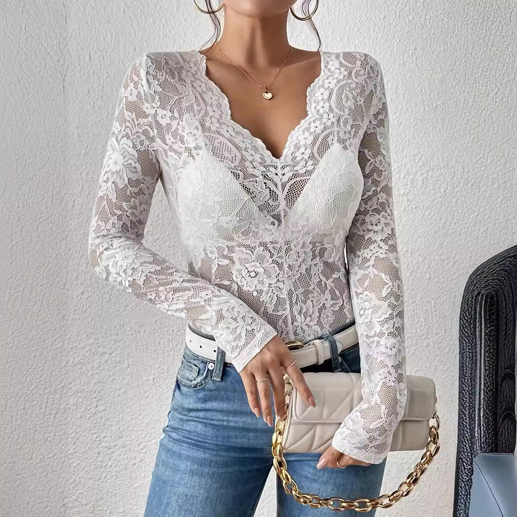 WW | Spitzen-Fächer-förmiges Dekorations-Basisshirt Top