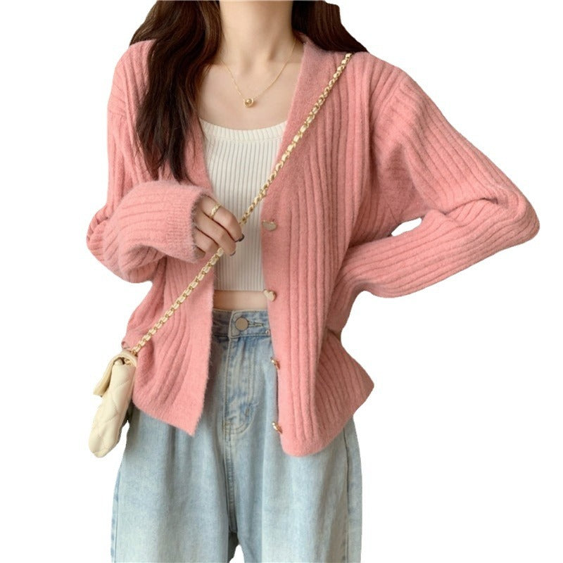 Damen Rippenstrick Cardigan mit herzförmigen Knöpfen WW