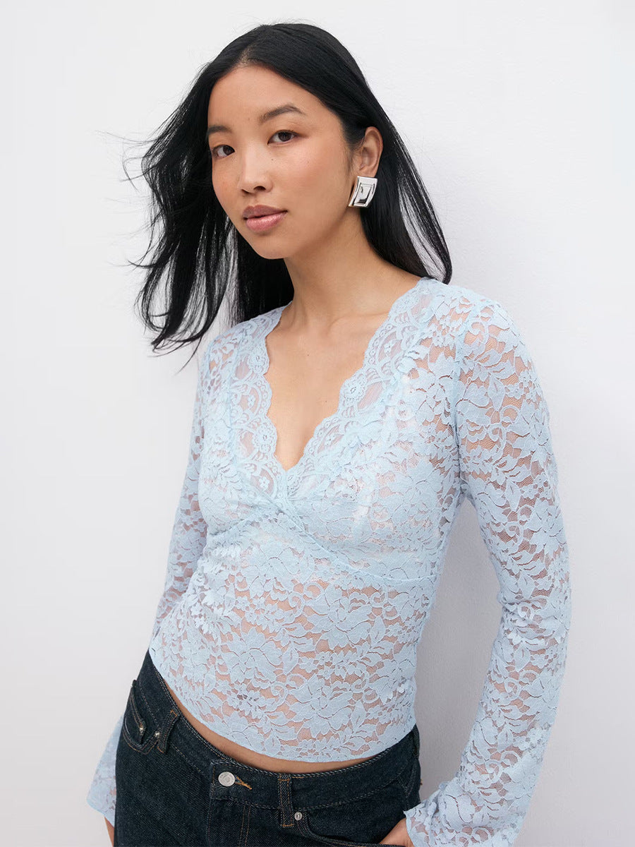 Damen Spitzenshirt mit tiefem V-Ausschnitt und langen Ärmeln WW