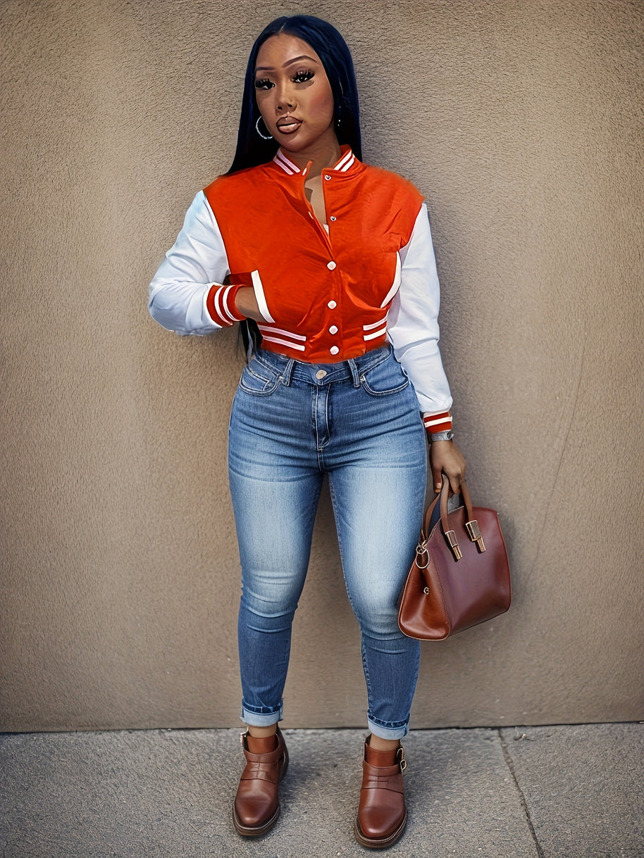 Damen Sportliche Varsity-Jacke mit Kontrastdetails und Knopfleiste WW