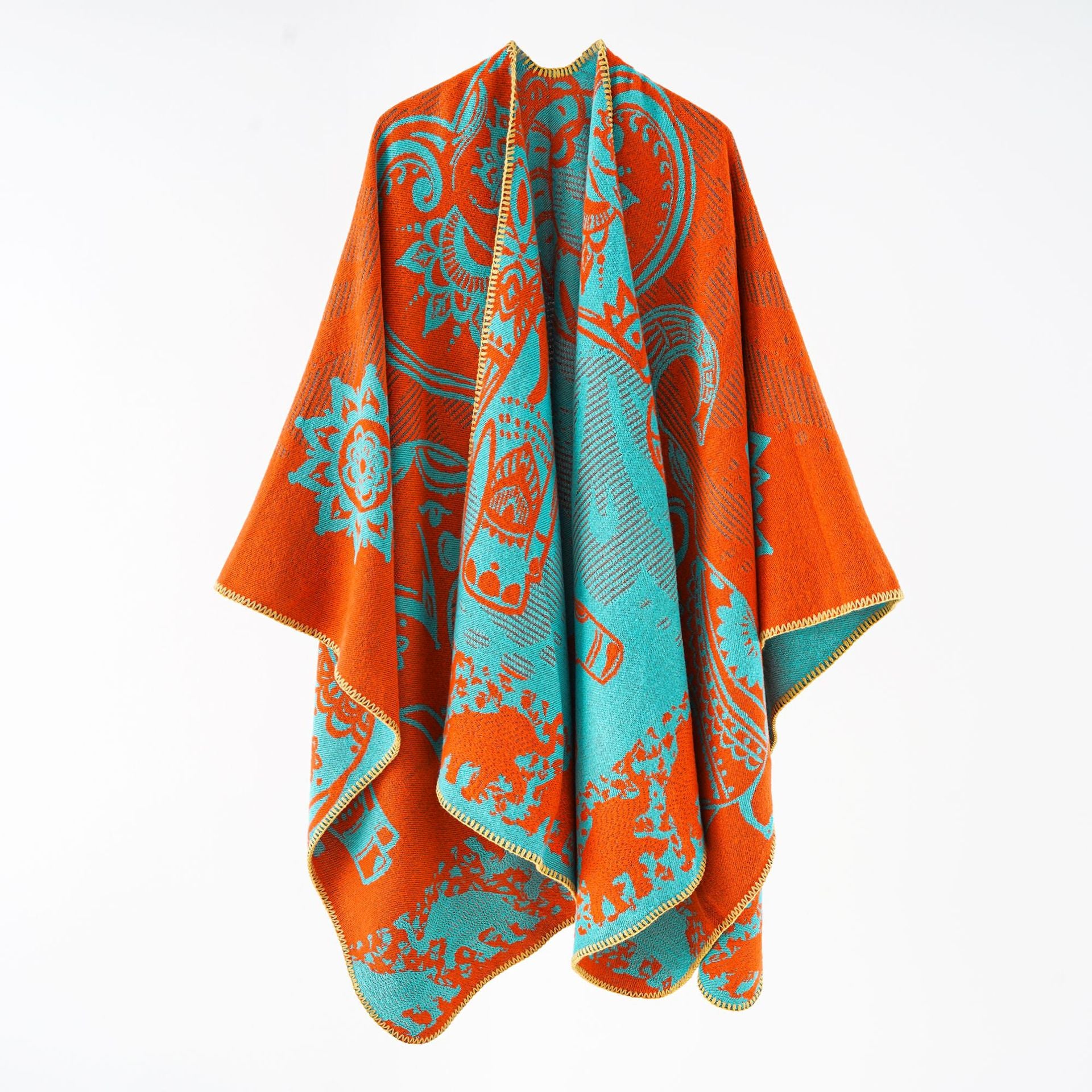 Damen eleganter Übergang-Poncho mit kunstvollem floralen Muster und fransigen Abschlüssen WW