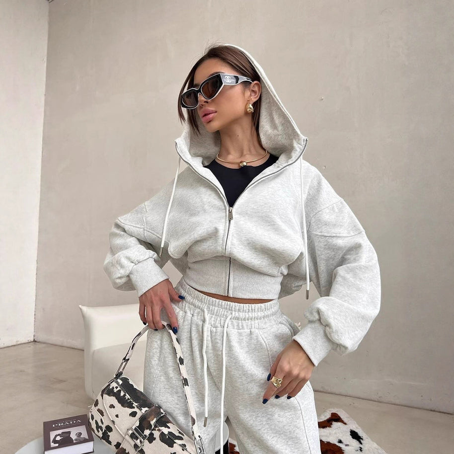 Damen sportliches Cropped-Set mit Reißverschluss und bequemen weiten Hosen WW