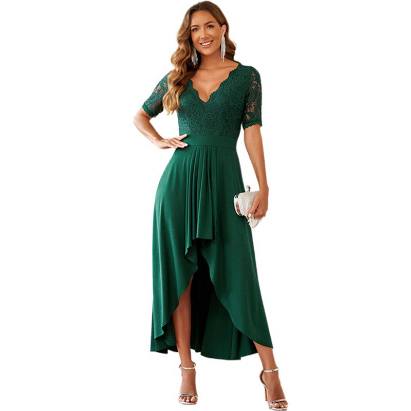 Damen elegantes Abendkleid mit tiefem V-Ausschnitt und gerafftem Rocksaum WW