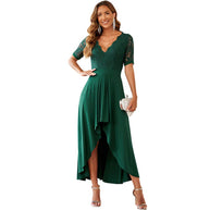 Damen elegantes Abendkleid mit tiefem V-Ausschnitt und gerafftem Rocksaum WW