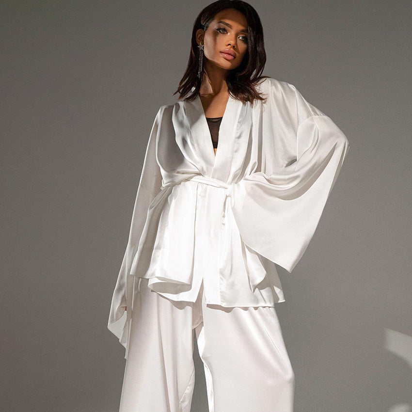 Damen satinierter Kimono-Style Morgenmantel und Hose Set WW
