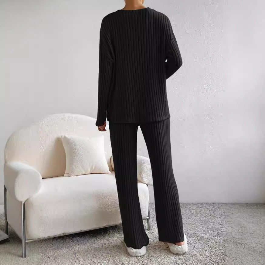 Damen bequemer Strickanzug aus hochwertigem Baumwollmix mit modernem Rippenmuster WW