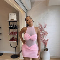 Damen Sexy Minikleid mit transparenten Einsätzen und elegantem Wickeldetail WW