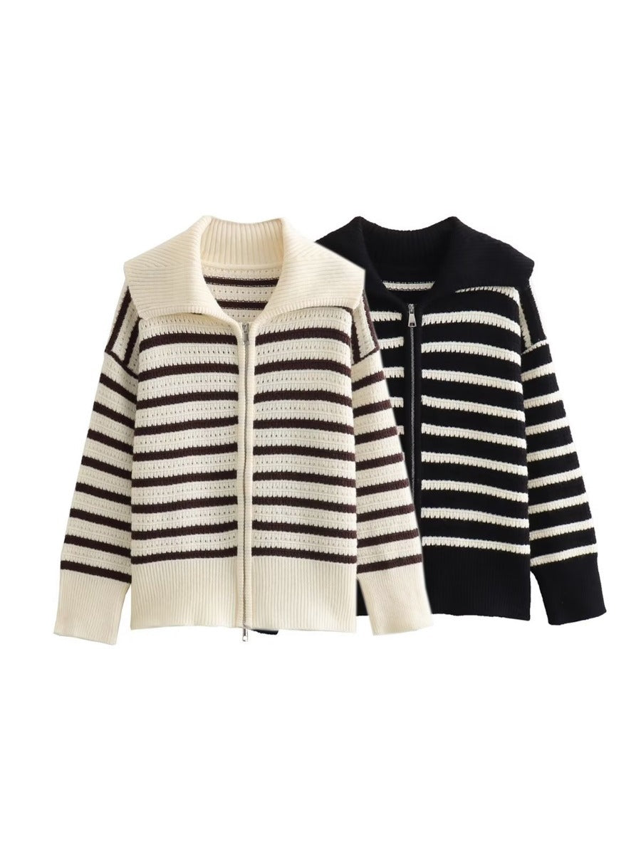 Damen gestreifte Strickjacke mit modernem Reißverschluss W&W Mode