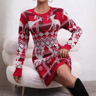 Damen Strickkleid mit festlichem Muster und Rundhalsausschnitt WW