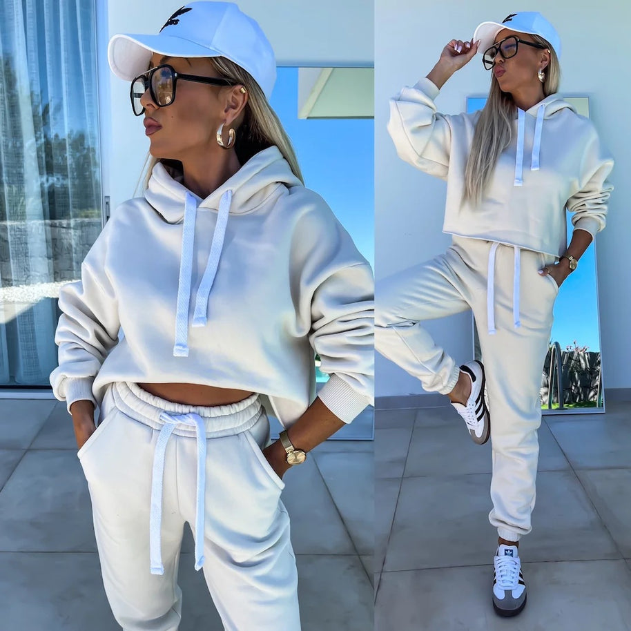 Damen bequemer Cropped Hoodie mit elastischem Bund und lässiger Jogginghose Set WW
