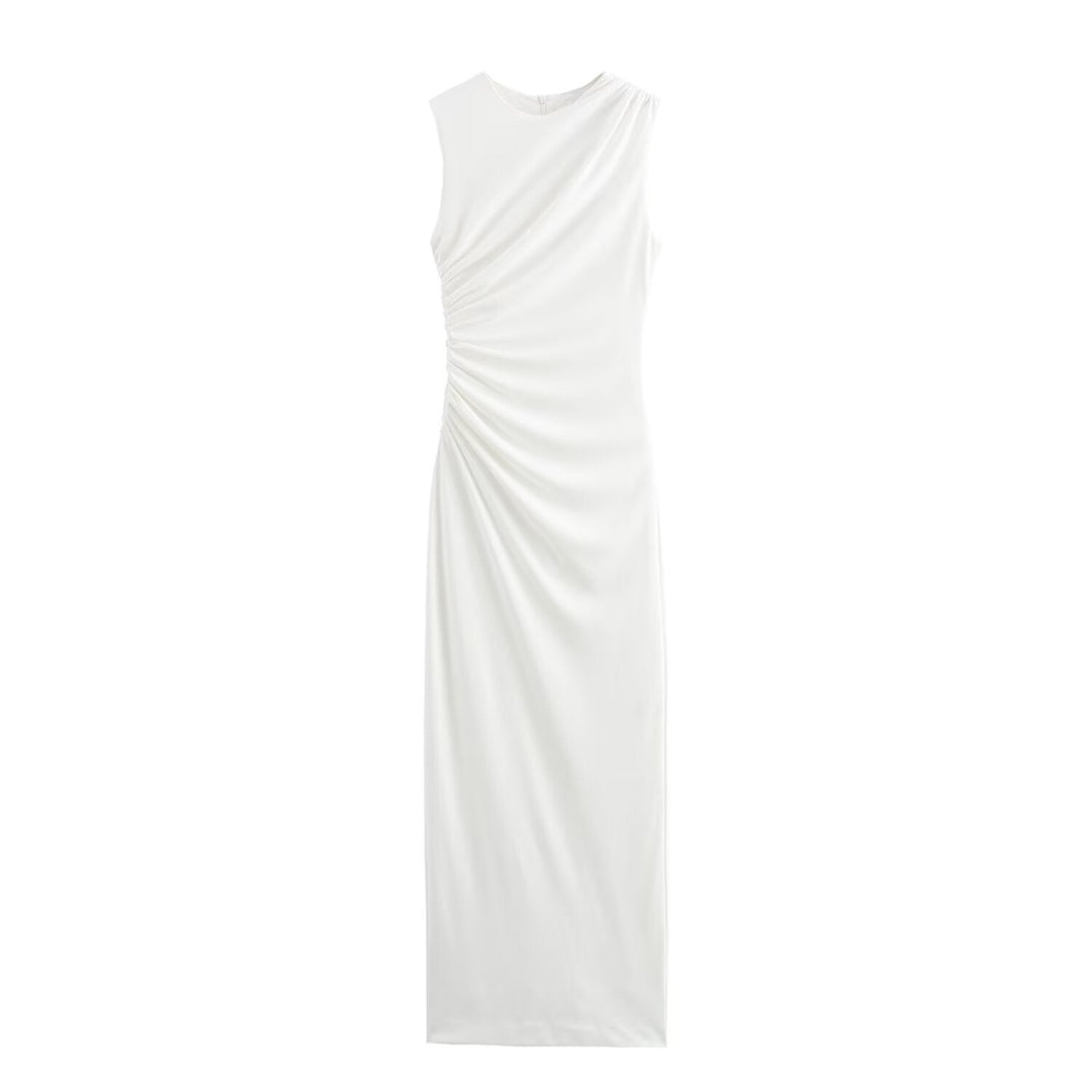 W&W Mode | Einfarbiges Rundhalsausschnitt Ärmelloses Faltendes Slim Fit Kleid