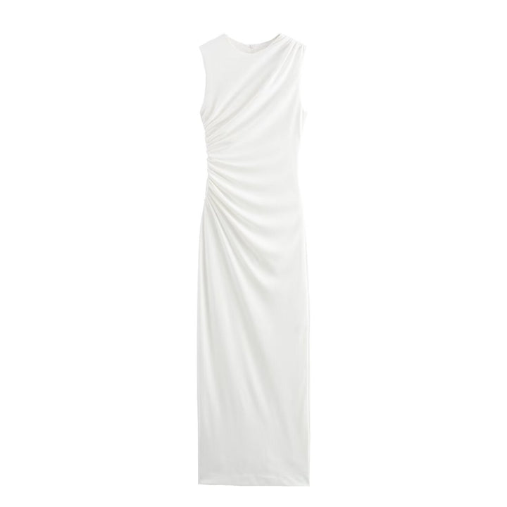 W&W Mode | Einfarbiges Rundhalsausschnitt Ärmelloses Faltendes Slim Fit Kleid