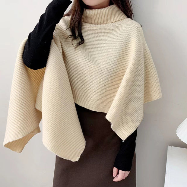 Damen Strickponcho mit hochgeschlossenem Kragen und eleganter Rippstruktur WW