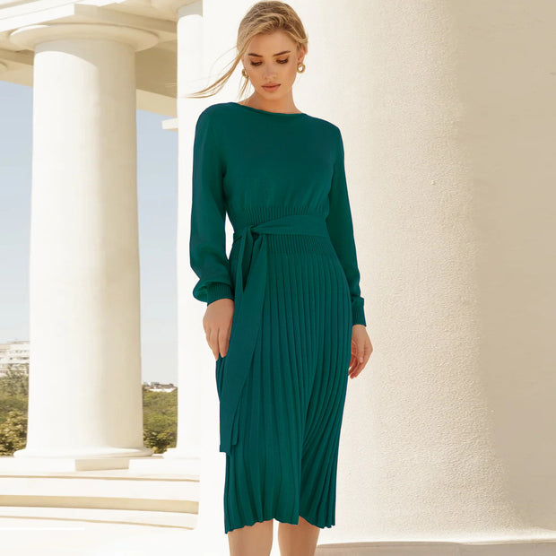 Damen Strickkleid mit taillierbarem Gürtel und langen Ärmeln WW