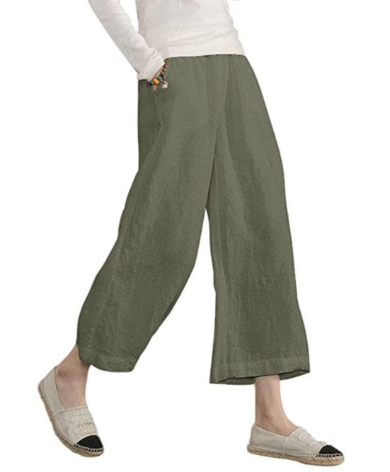 Damen weite Leinenhose mit elastischem Bund und praktischen Seitentaschen WW