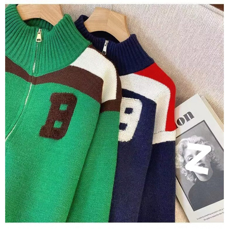 Damen Sportlicher Stehkragen-Strickpullover mit Reißverschluss und kontrastierenden Details WW