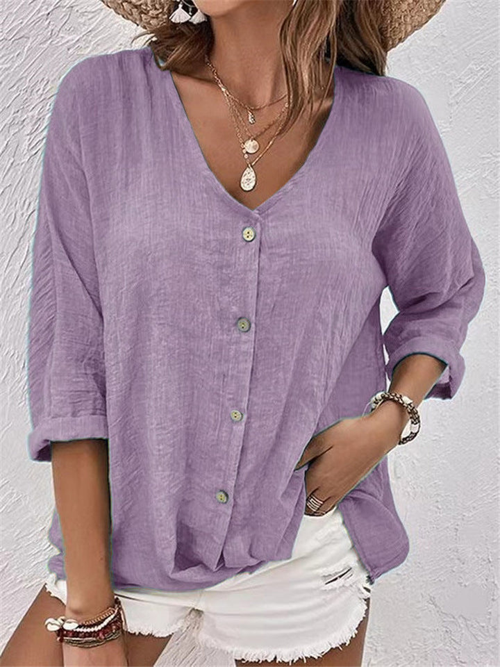 Damen lässige Bluse mit Knopfleiste und V-Ausschnitt W&W Mode