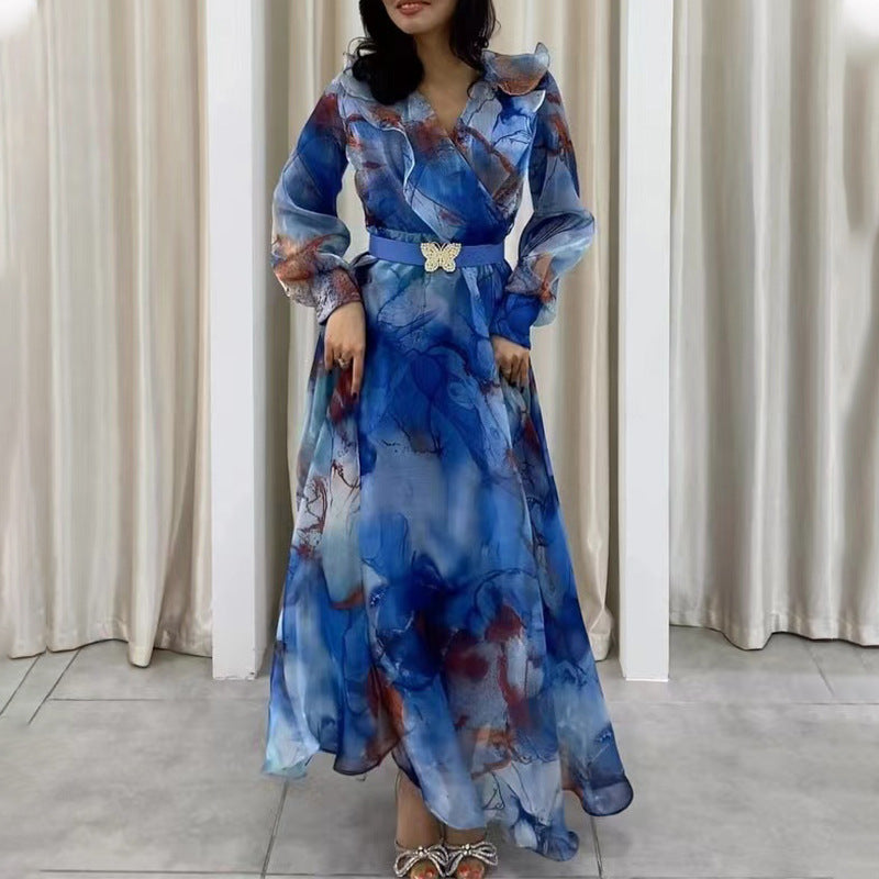 Damen langes Kleid mit elegantem Rüschenkragen und seidigem Print WW