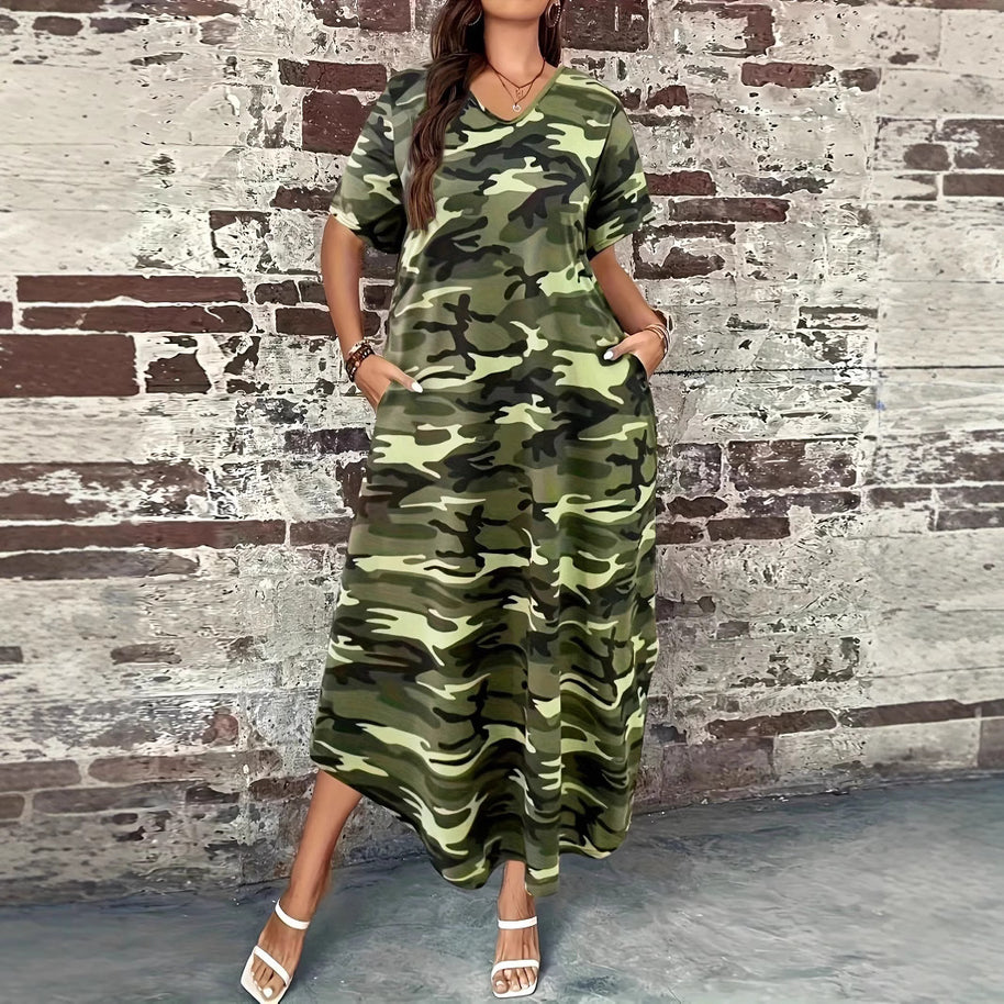Damen Maxikleid mit lässigem Camouflage-Design und praktischen Taschen WW