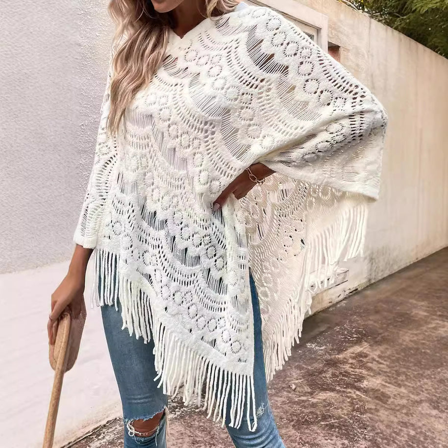 Damen Strickponcho mit elegantem Fransen-Design WW