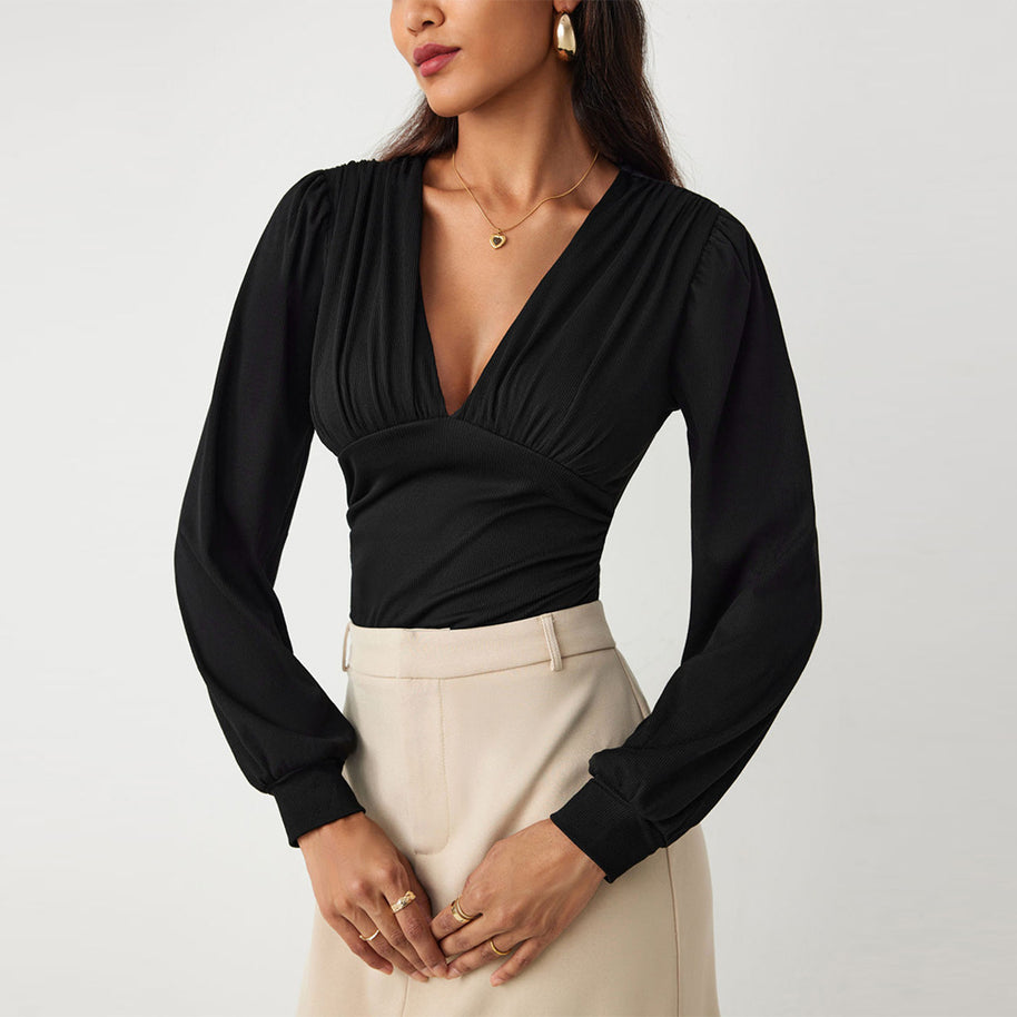 Damen Bodysuit mit eleganten Puffärmeln und tiefem V-Ausschnitt W&W