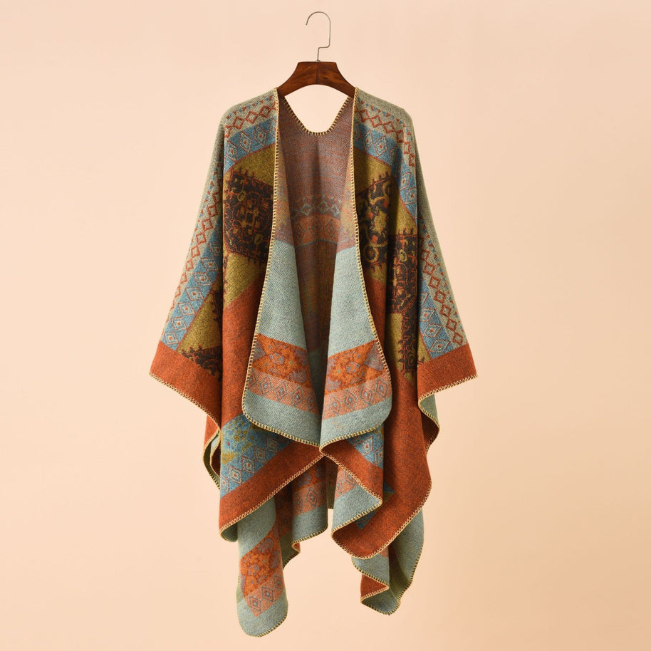 Damen Modischer Poncho mit kunstvollem Muster und fransigen Kanten WW