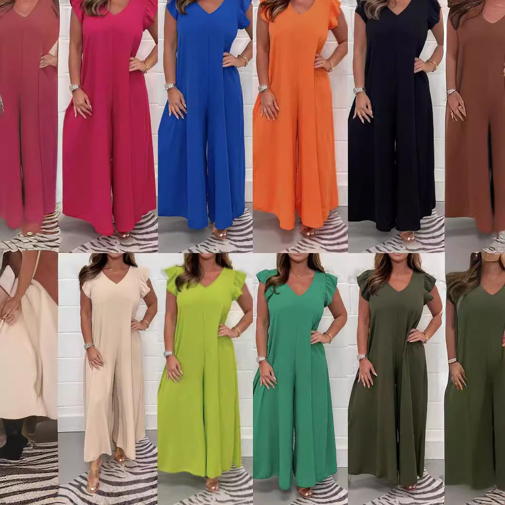 Damen eleganter Jumpsuit mit weit geschnittenen Beinen und V-Ausschnitt
