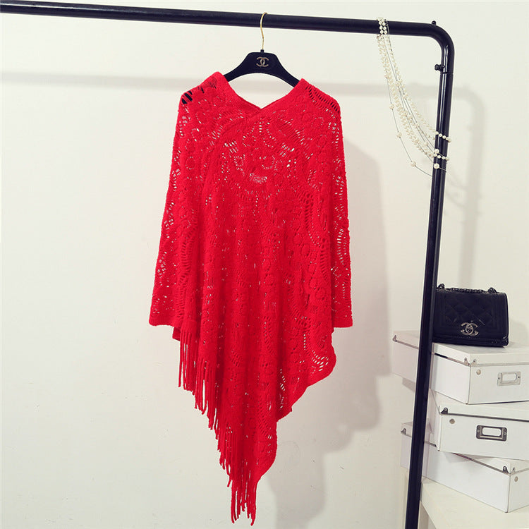 Damen Strickponcho mit elegantem Fransen-Design WW