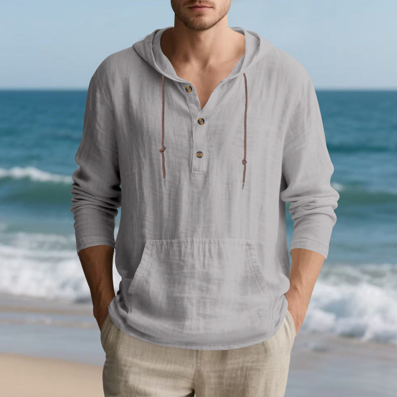 Herren nan leichtes Kapuzen-Henley aus Leinen-Baumwollmix mit Kängurutasche und Knopfleiste W&W Mode