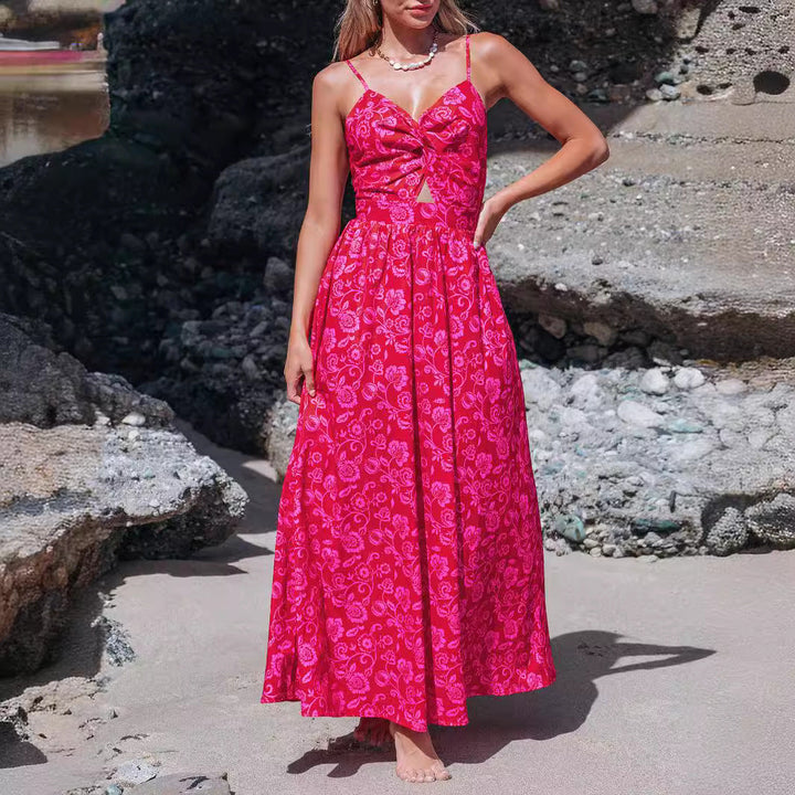 Damen Maxikleid mit raffiniertem Knotendetail und floralen Designelementen W&W Mode