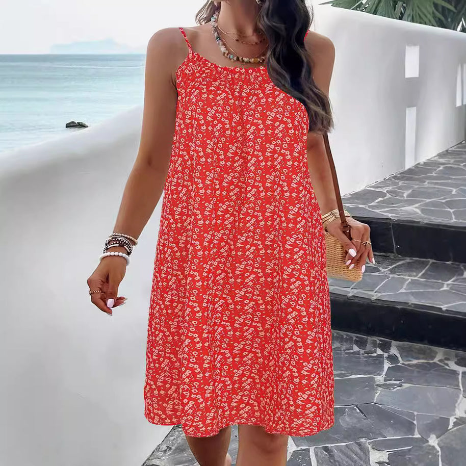 Damen ärmelloses Sommerkleid mit elastischem Bund und floralem Muster WW