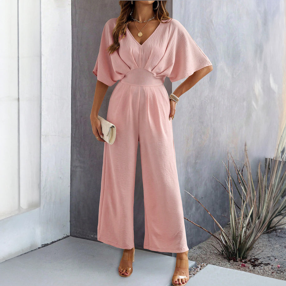 Damen Weit geschnittener Jumpsuit mit eleganten Drapierungen und V-Ausschnitt WW