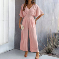 Damen Weit geschnittener Jumpsuit mit eleganten Drapierungen und V-Ausschnitt WW