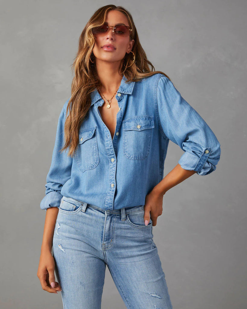 Damen Denim-Hemd mit umschlagbaren Ärmeln und zwei Brusttaschen WW