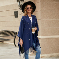Damen Eleganter Poncho mit floralem Stickmuster und fransigen Kanten WW