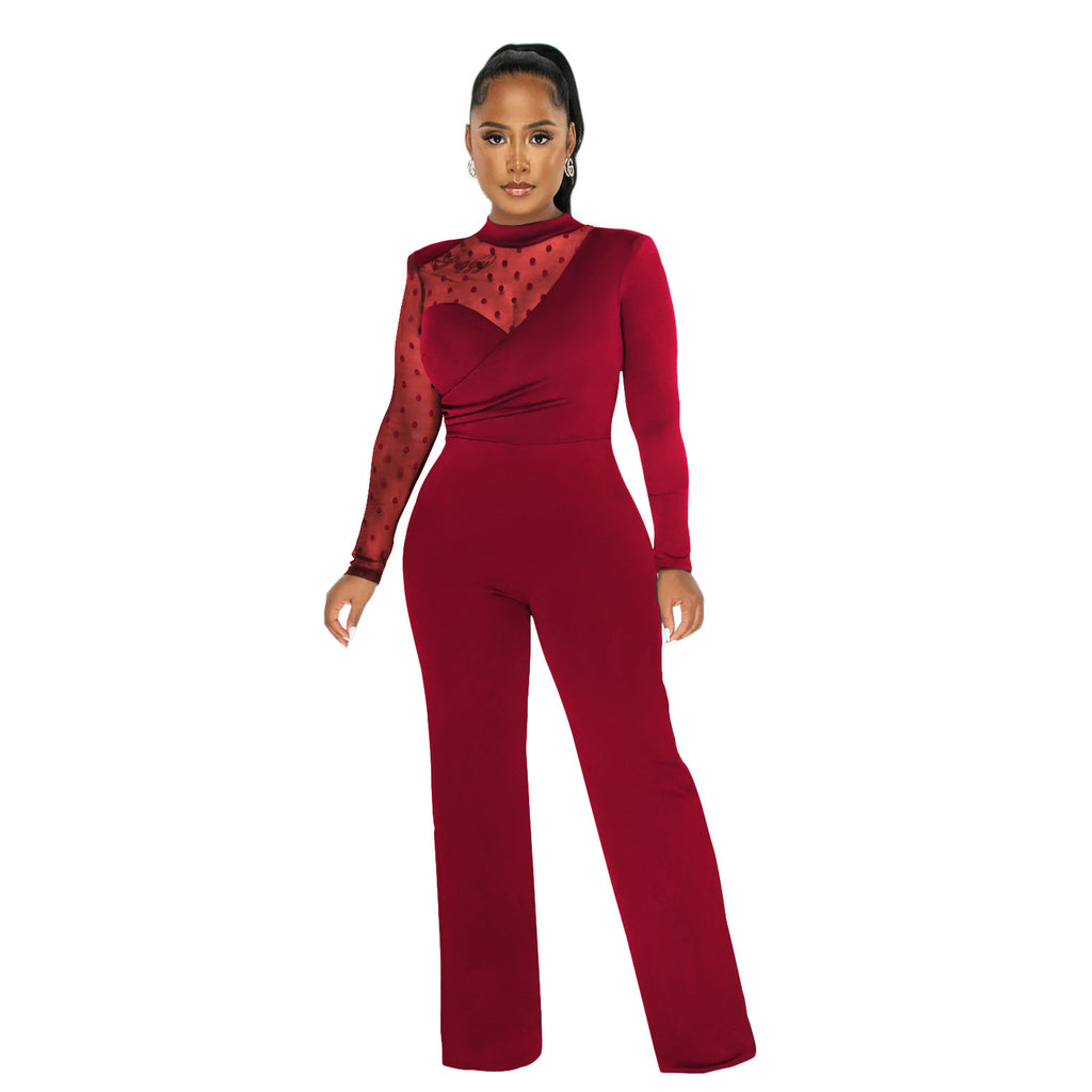 Damen Eleganter Jumpsuit mit transparenten Ärmeln und stilvollem Wickeldesign WW