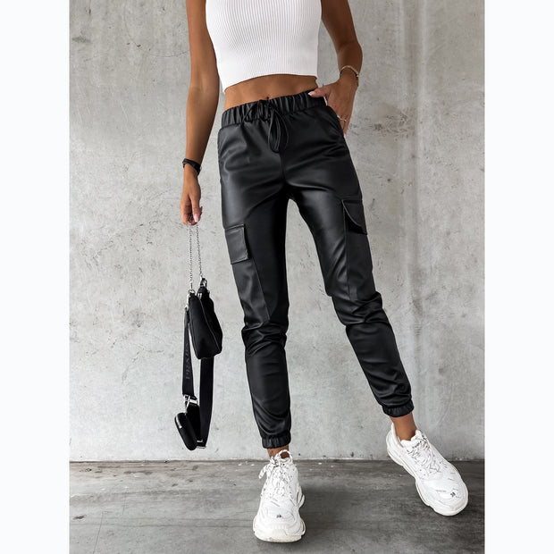 Damen Kunstleder Jogginghose mit praktischen Taschen und elastischem Bund WW