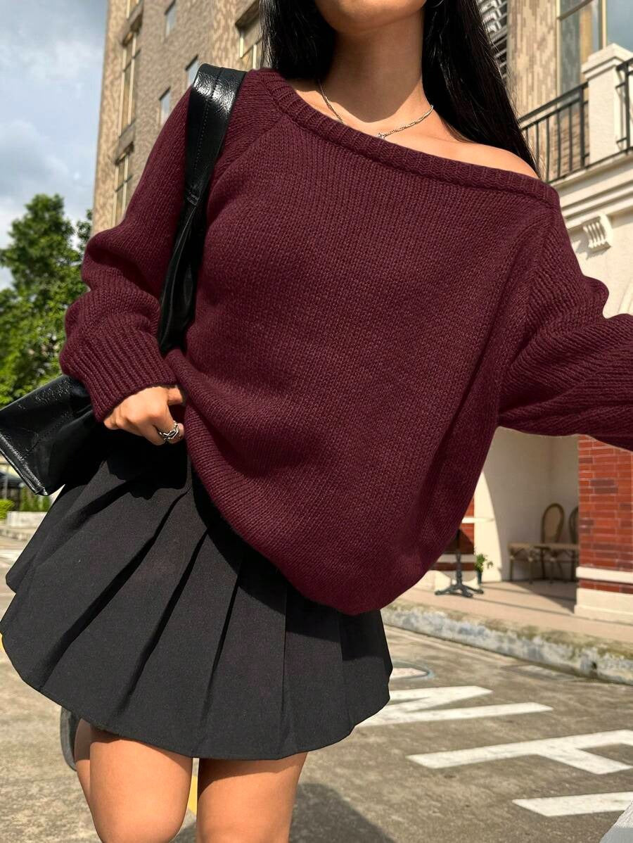 Damen Bequemer Oversized Pullover mit weitem Rundhalsausschnitt WW