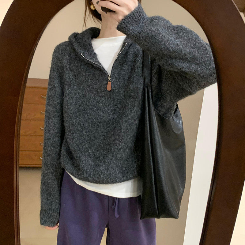 Damen bequemer Hoodie-Pullover mit halbem Reißverschluss und Puffärmeln WW