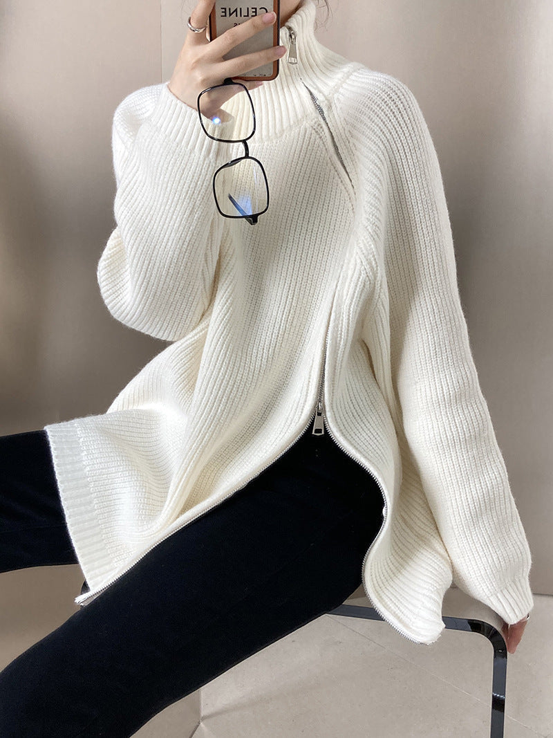W&W Mode Rollkragenpullover mit Seitenschlitz einfarbig gestrickt